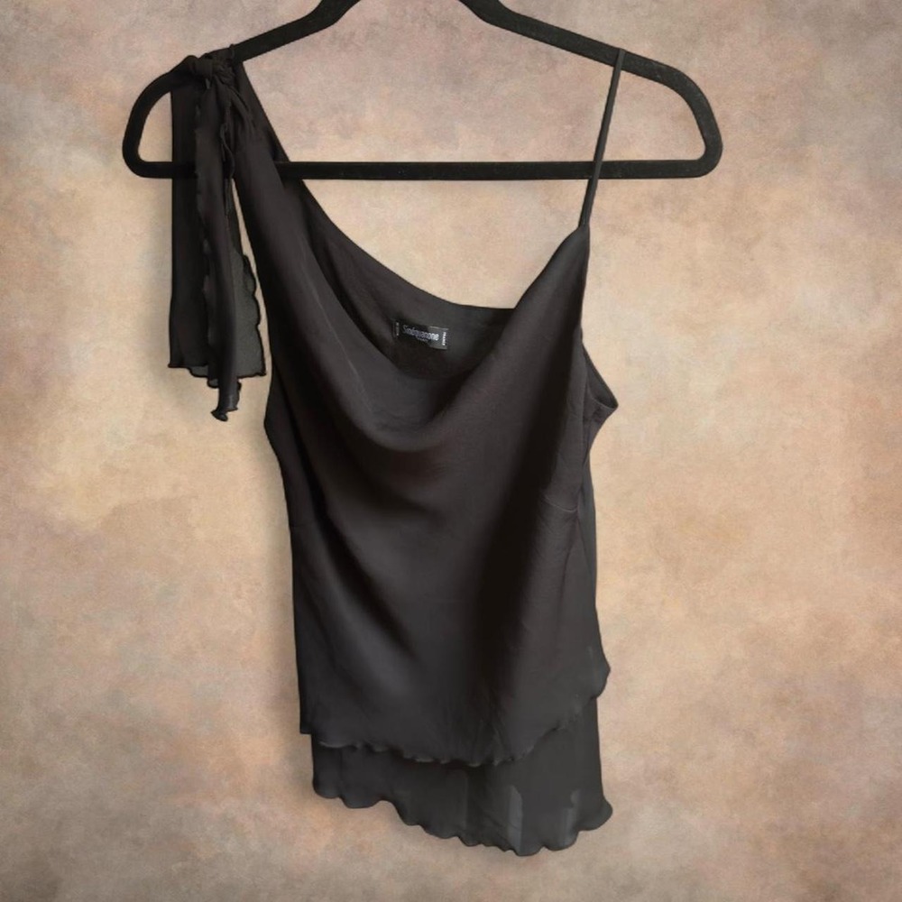 Euro Black flowy romantic blouse with asymmetrical layers and one shoulder tie